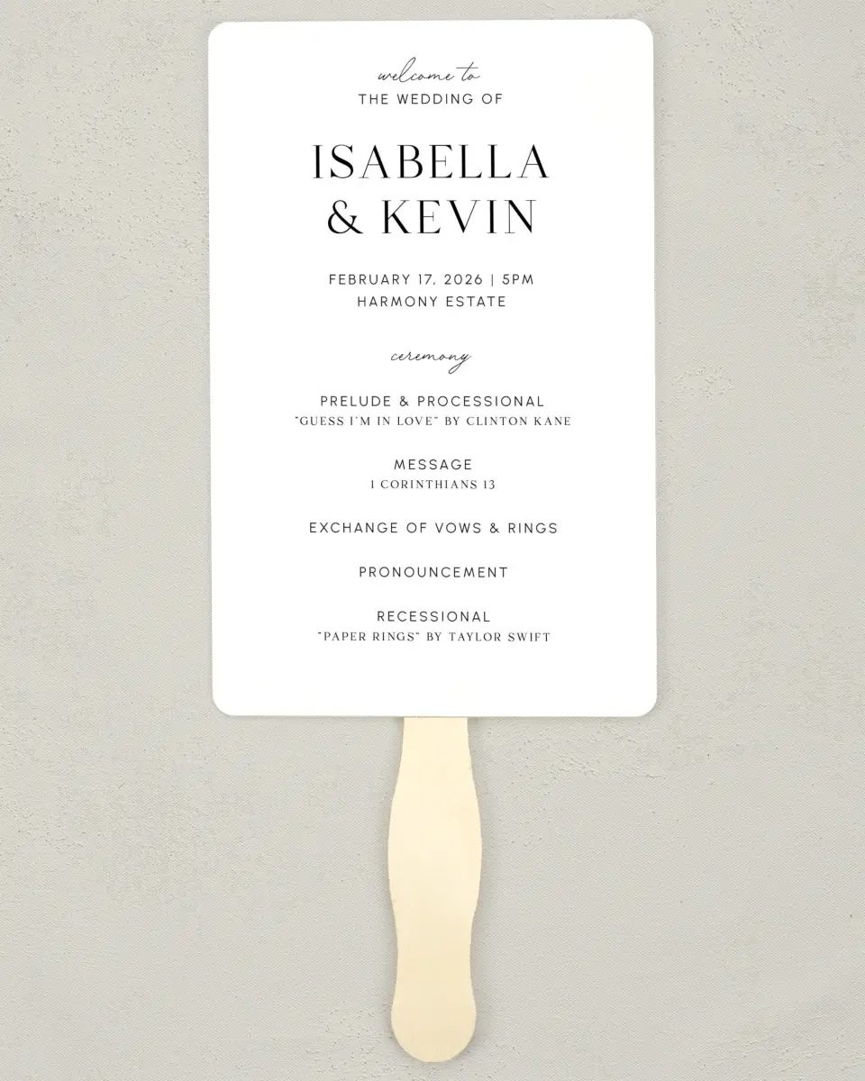 This is a 5" x 7⅞" Wedding Program Fan called The Isabella printed in full color on Premium Smooth paper