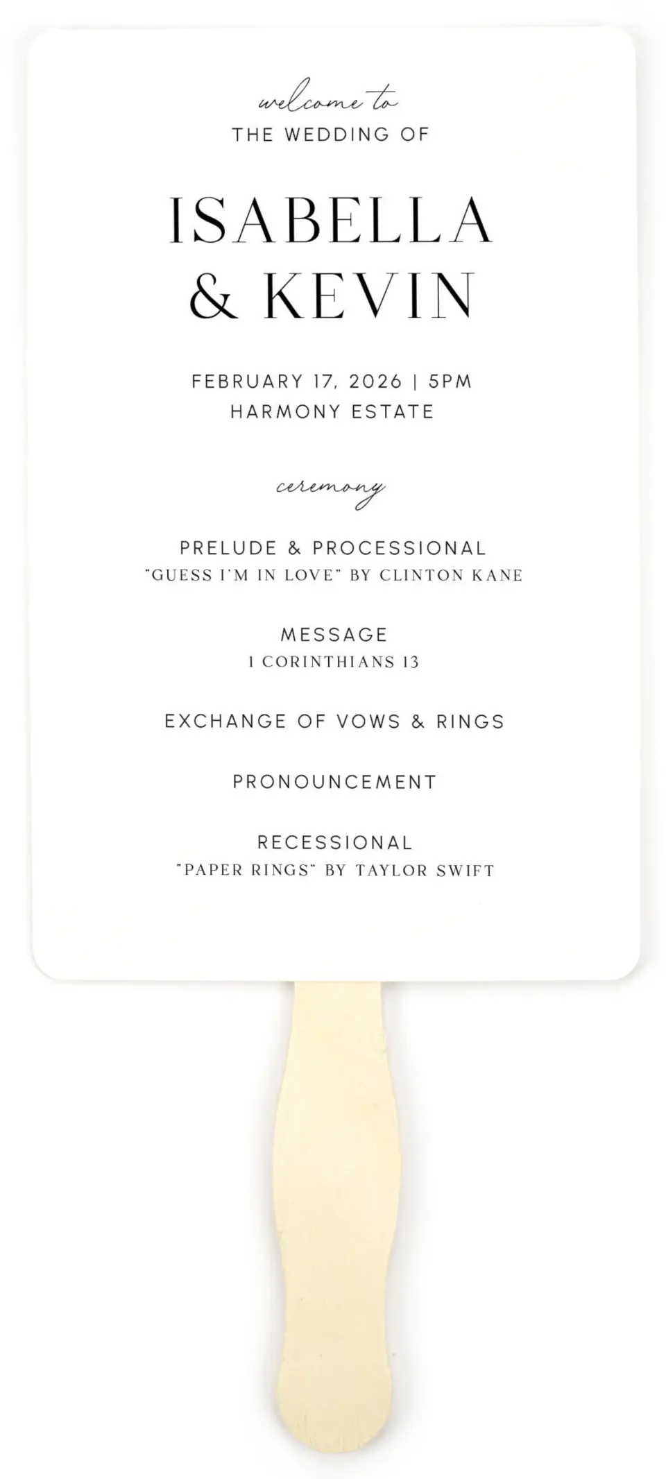 This is a 5" x 7⅞" Wedding Program Fan called The Isabella printed in full color on Premium Smooth paper