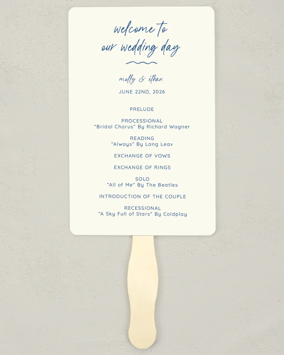 This is a 5" x 7⅞" Wedding Program Fan called Drawn To You printed in full color on Premium Smooth paper