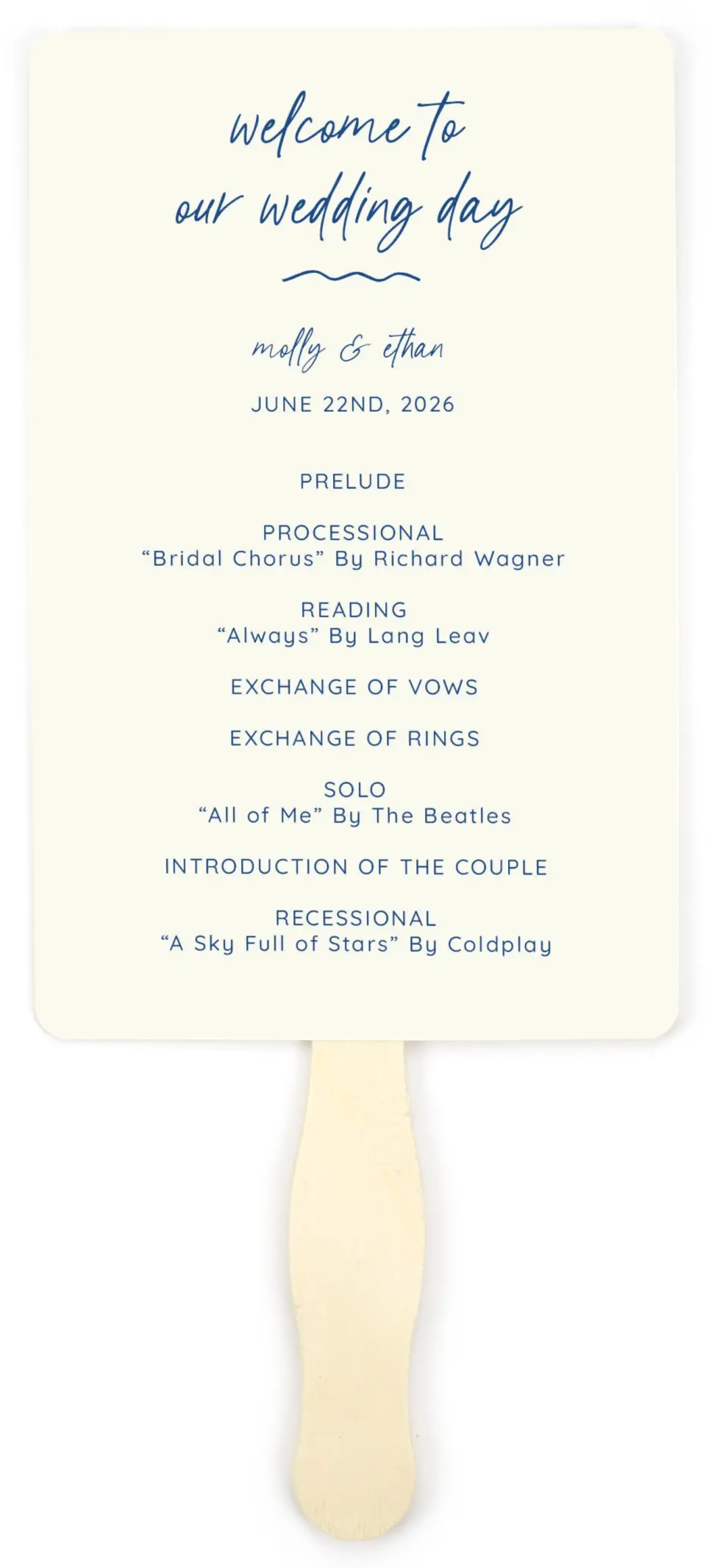 This is a 5" x 7⅞" Wedding Program Fan called Drawn To You printed in full color on Premium Smooth paper
