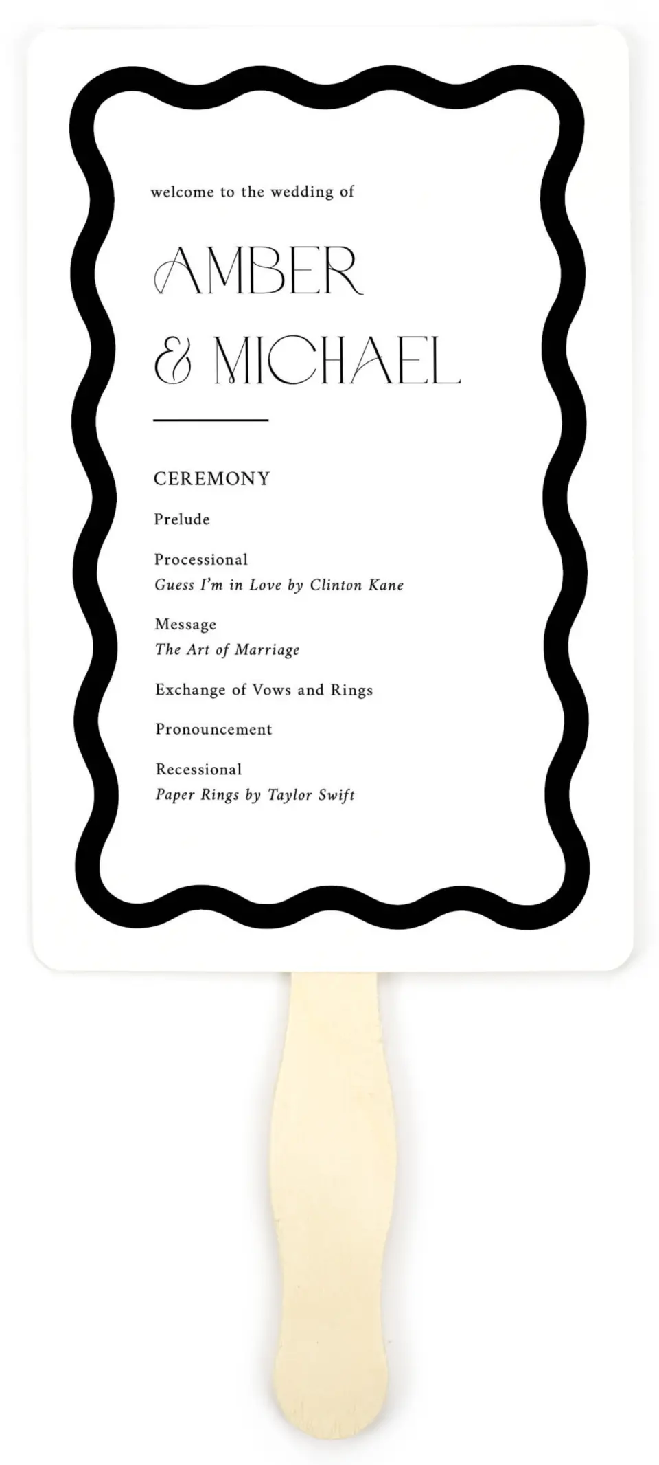 This is a 5" x 7⅞" Wedding Program Fan called The Amber printed in full color on Premium Smooth paper