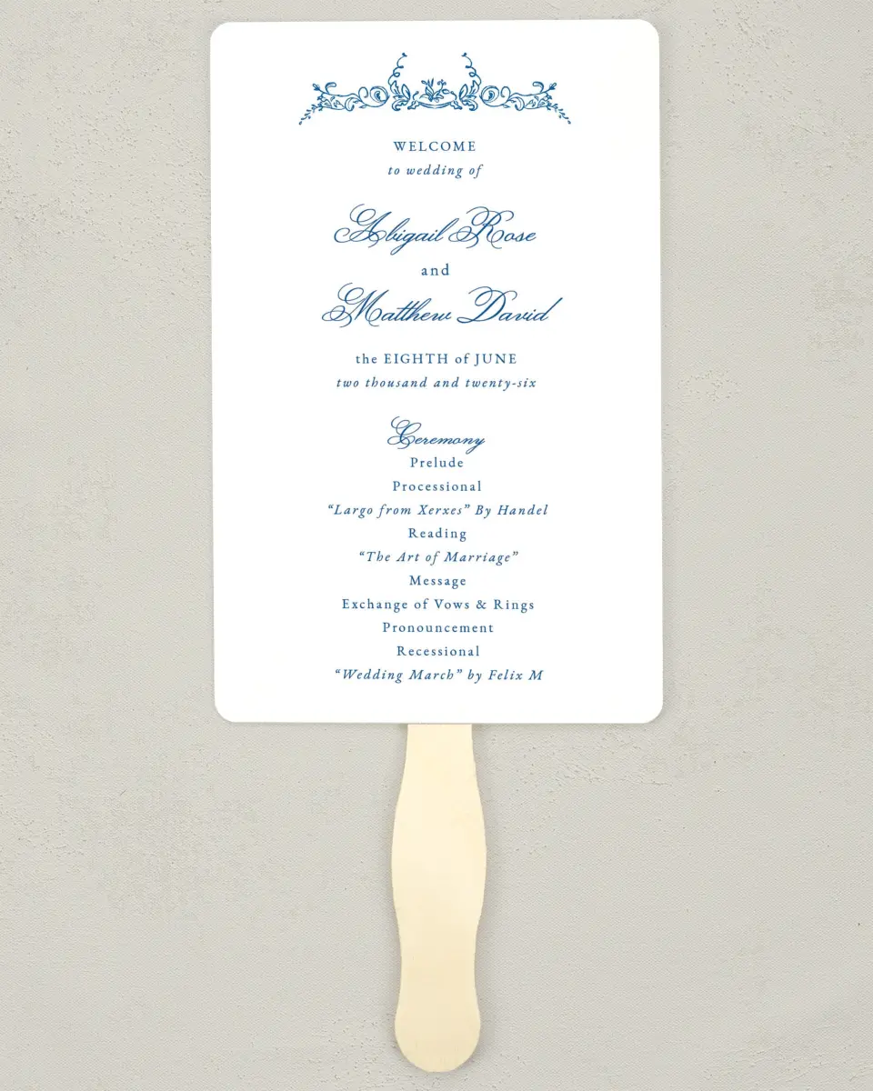 This is a 5" x 7⅞" Wedding Program Fan called Ornamental Elegance printed in full color on Premium Smooth paper