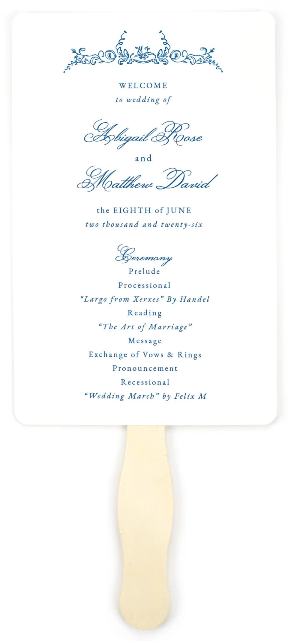 This is a 5" x 7⅞" Wedding Program Fan called Ornamental Elegance printed in full color on Premium Smooth paper