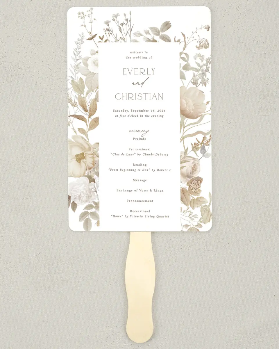 This is a 5" x 7⅞" Wedding Program Fan called The Everly printed in full color on Premium Smooth paper