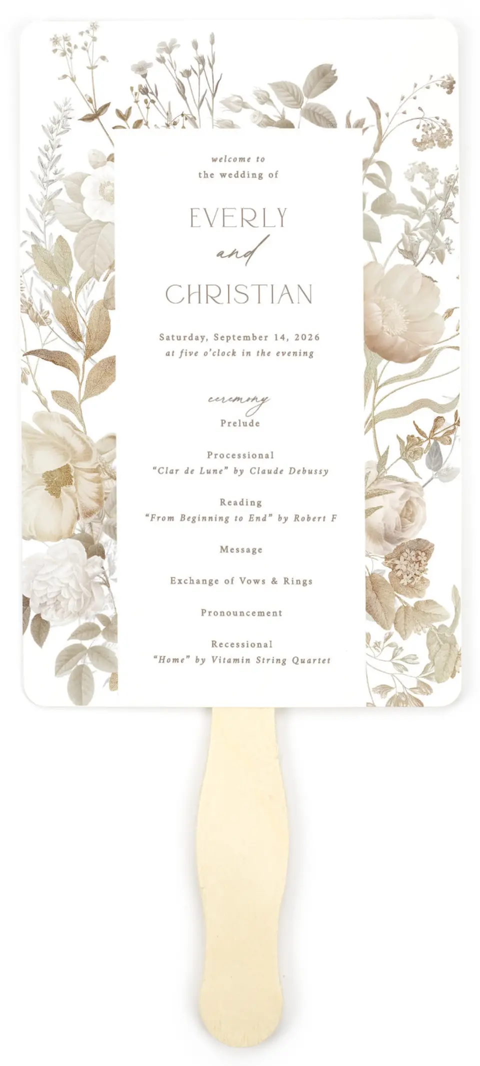 This is a 5" x 7⅞" Wedding Program Fan called The Everly printed in full color on Premium Smooth paper