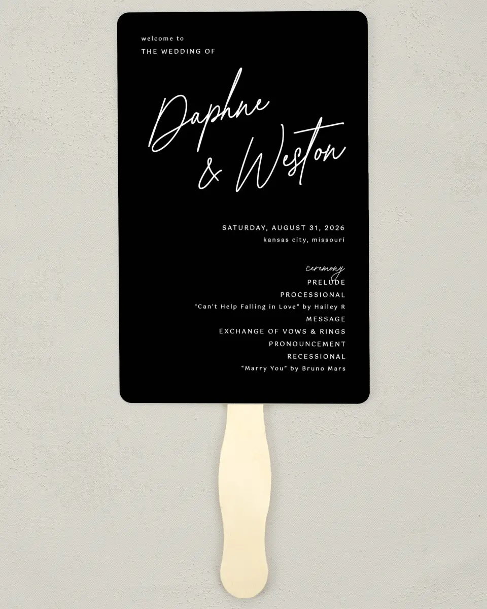 This is a 5" x 7⅞" Wedding Program Fan called Scripted Love printed in full color with Gold foil on Luxe Satin (coated) paper