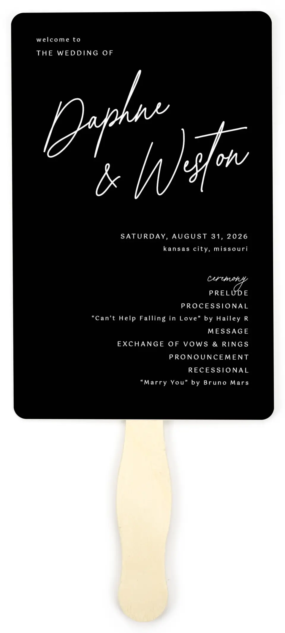 This is a 5" x 7⅞" Wedding Program Fan called Scripted Love printed in full color on Premium Smooth paper