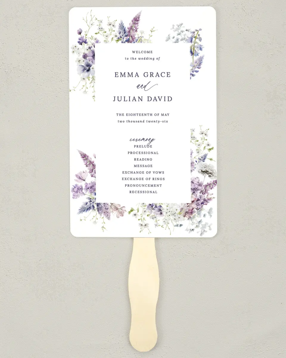 This is a 5" x 7⅞" Wedding Program Fan called Euphoric Frame printed in full color on Premium Smooth paper