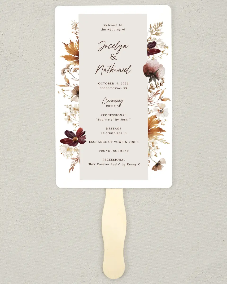 This is a 5" x 7⅞" Wedding Program Fan called Autumn Wildflowers printed in full color on Premium Smooth paper