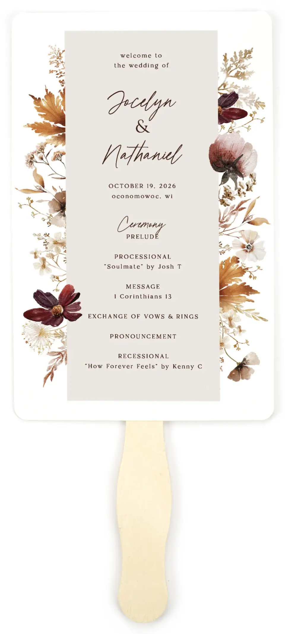 This is a 5" x 7⅞" Wedding Program Fan called Autumn Wildflowers printed in full color on Premium Smooth paper