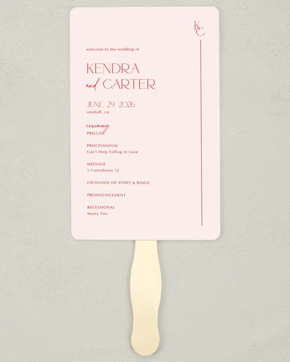 This is a 5" x 7⅞" Wedding Program Fan called Initial Unity printed in full color on Premium Smooth paper