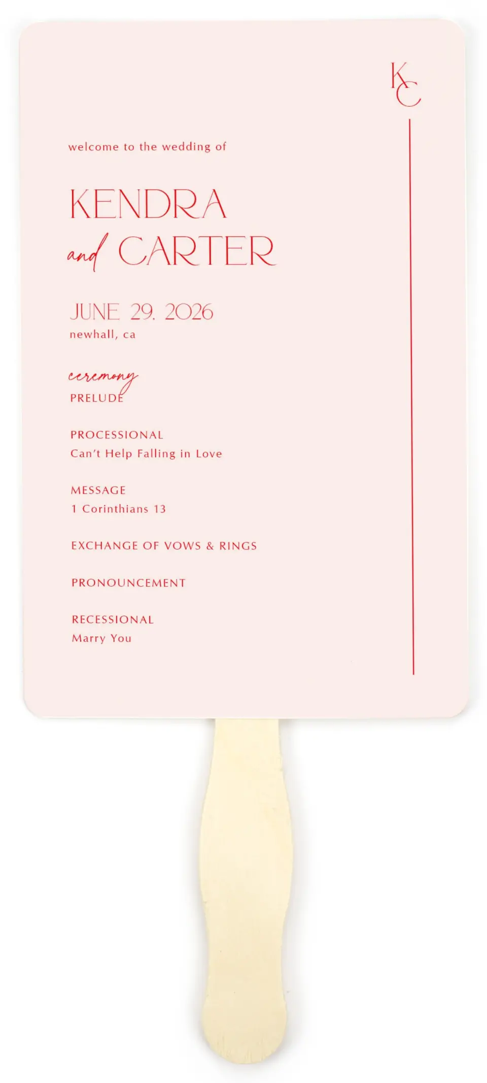 This is a 5" x 7⅞" Wedding Program Fan called Initial Unity printed in full color on Premium Smooth paper