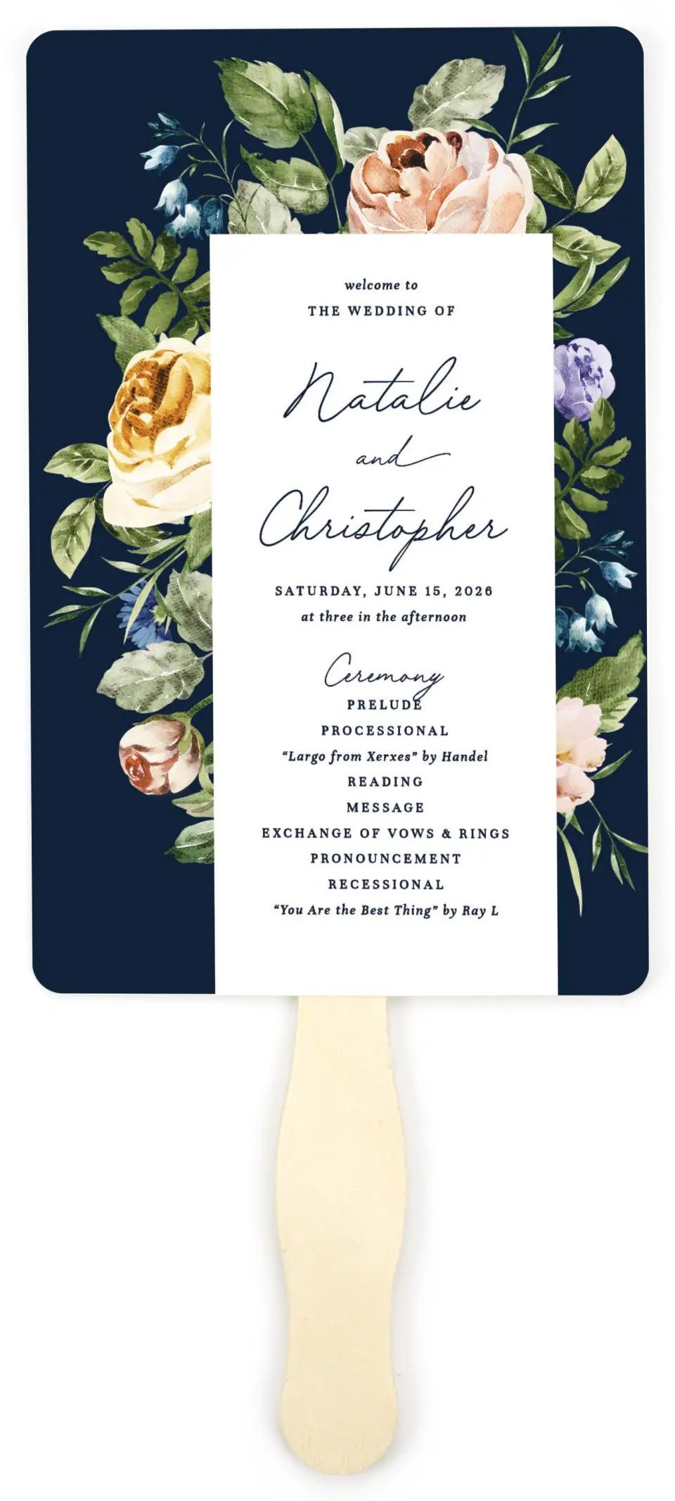 This is a 5" x 7⅞" Wedding Program Fan called The Natalie printed in full color on Premium Smooth paper