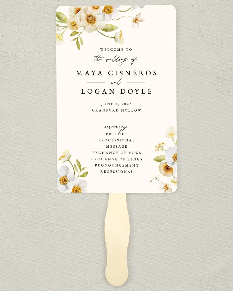 This is a 5" x 7⅞" Wedding Program Fan called Charming Cosmos printed in full color on Premium Smooth paper