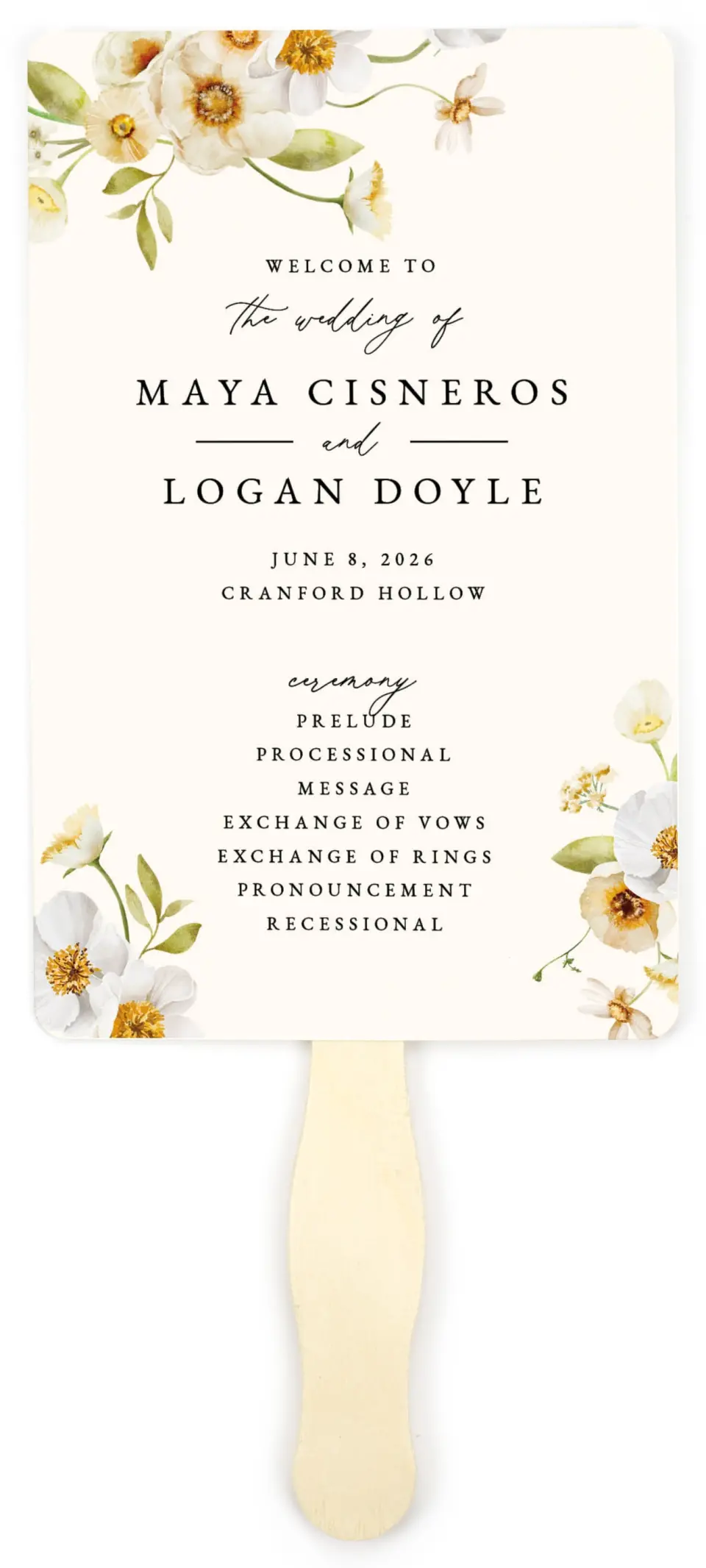 This is a 5" x 7⅞" Wedding Program Fan called Charming Cosmos printed in full color with Rose Gold foil on Luxe Satin (coated) paper