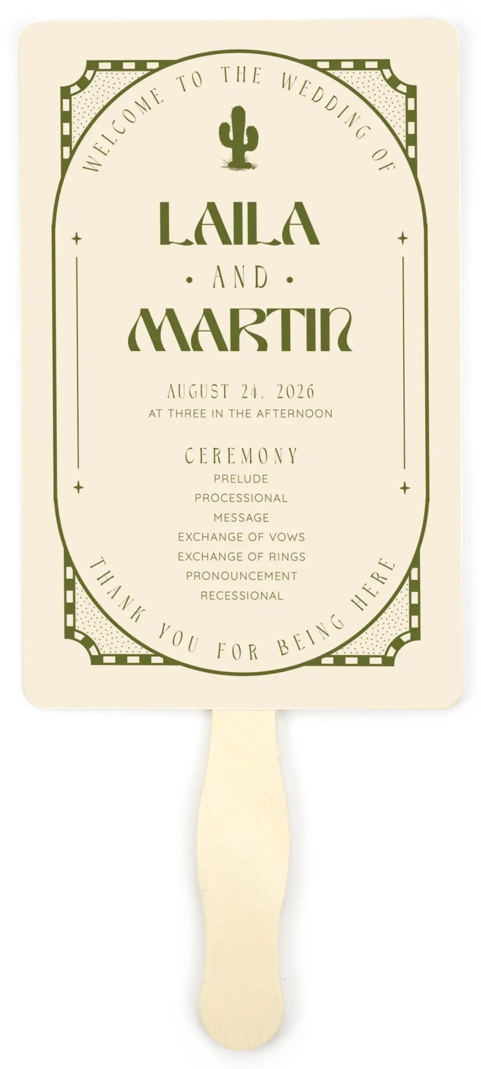 This is a 5" x 7⅞" Wedding Program Fan called Desert Funk printed in full color on Premium Smooth paper