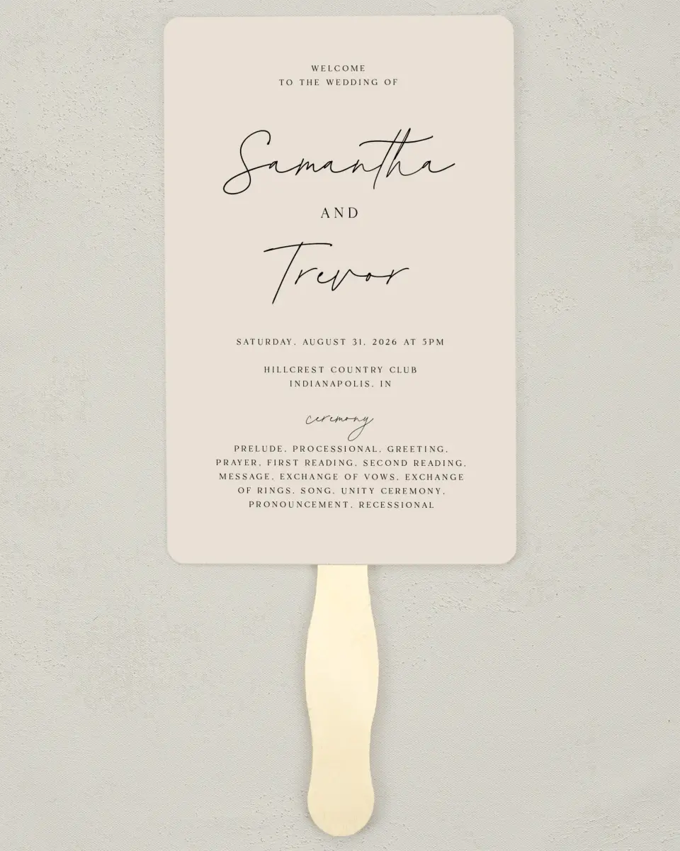 This is a 5" x 7⅞" Wedding Program Fan called The Samantha printed in full color with Gold foil on Luxe Satin (coated) paper