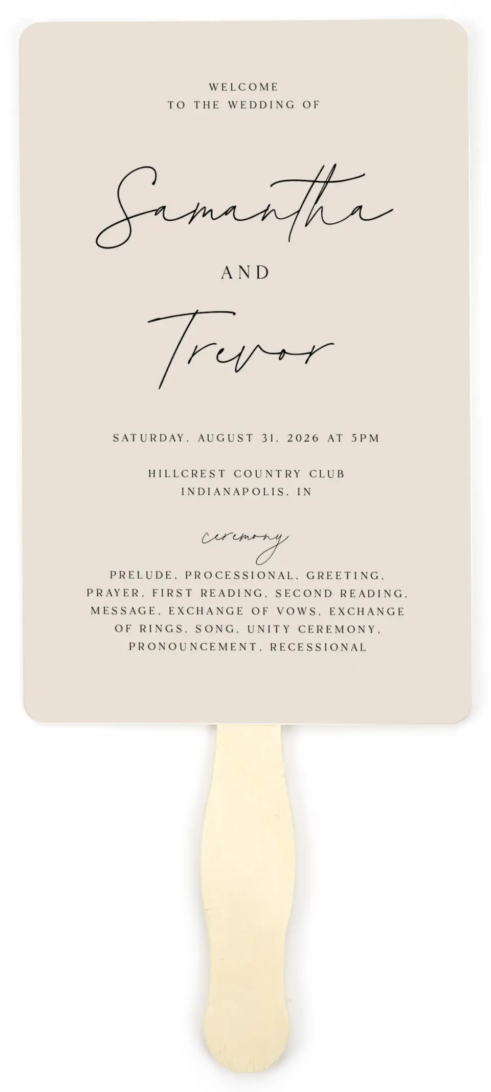 This is a 5" x 7⅞" Wedding Program Fan called The Samantha printed in full color on Premium Smooth paper