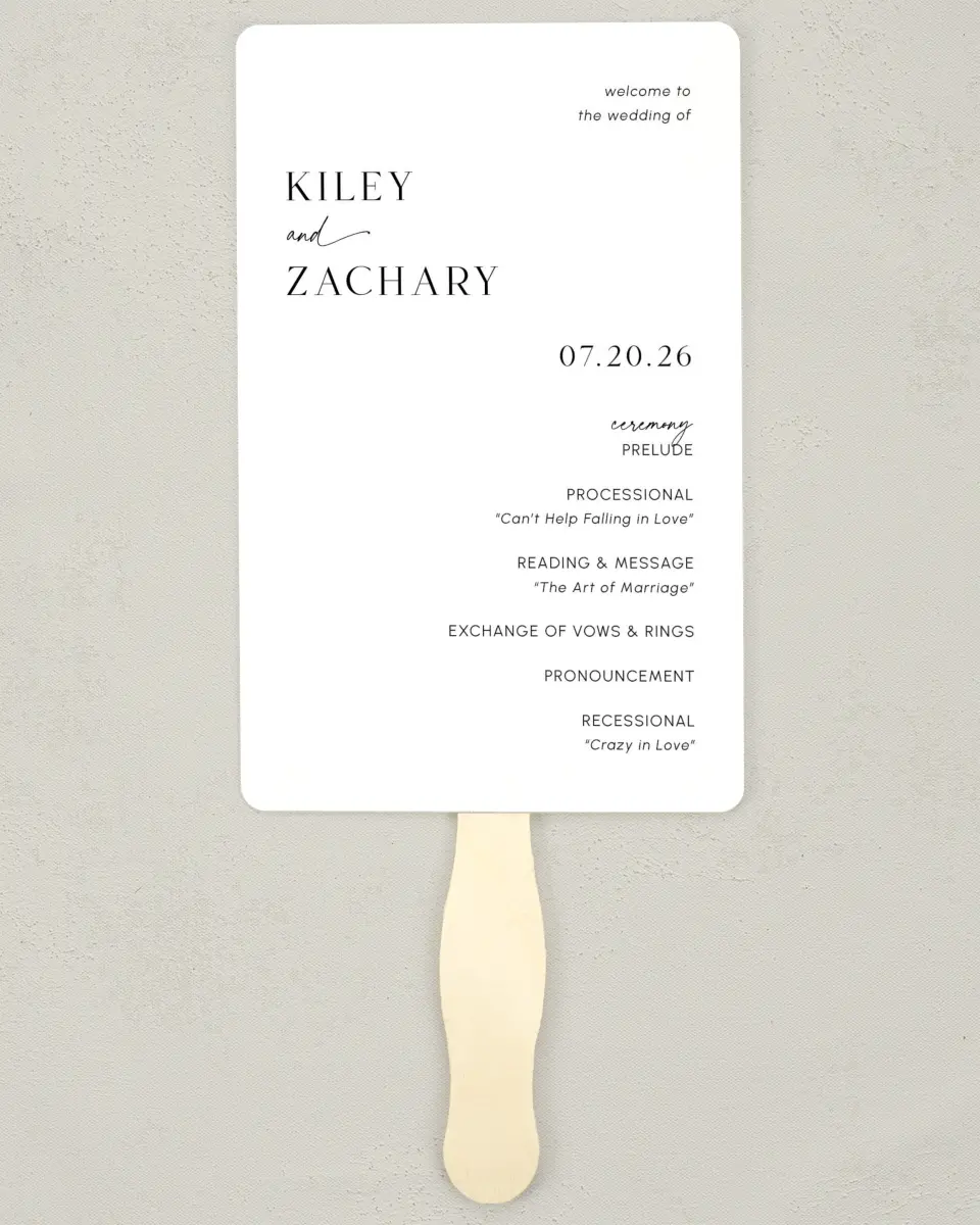 This is a 5" x 7⅞" Wedding Program Fan called Picturesque printed in full color with Rose Gold foil on Luxe Satin (coated) paper