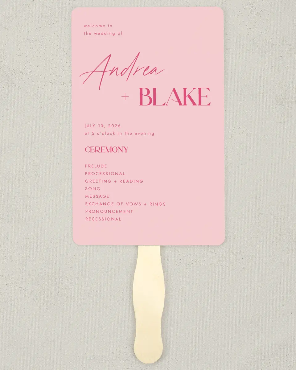 This is a 5" x 7⅞" Wedding Program Fan called The Andrea printed in full color with Silver foil on Luxe Satin (coated) paper