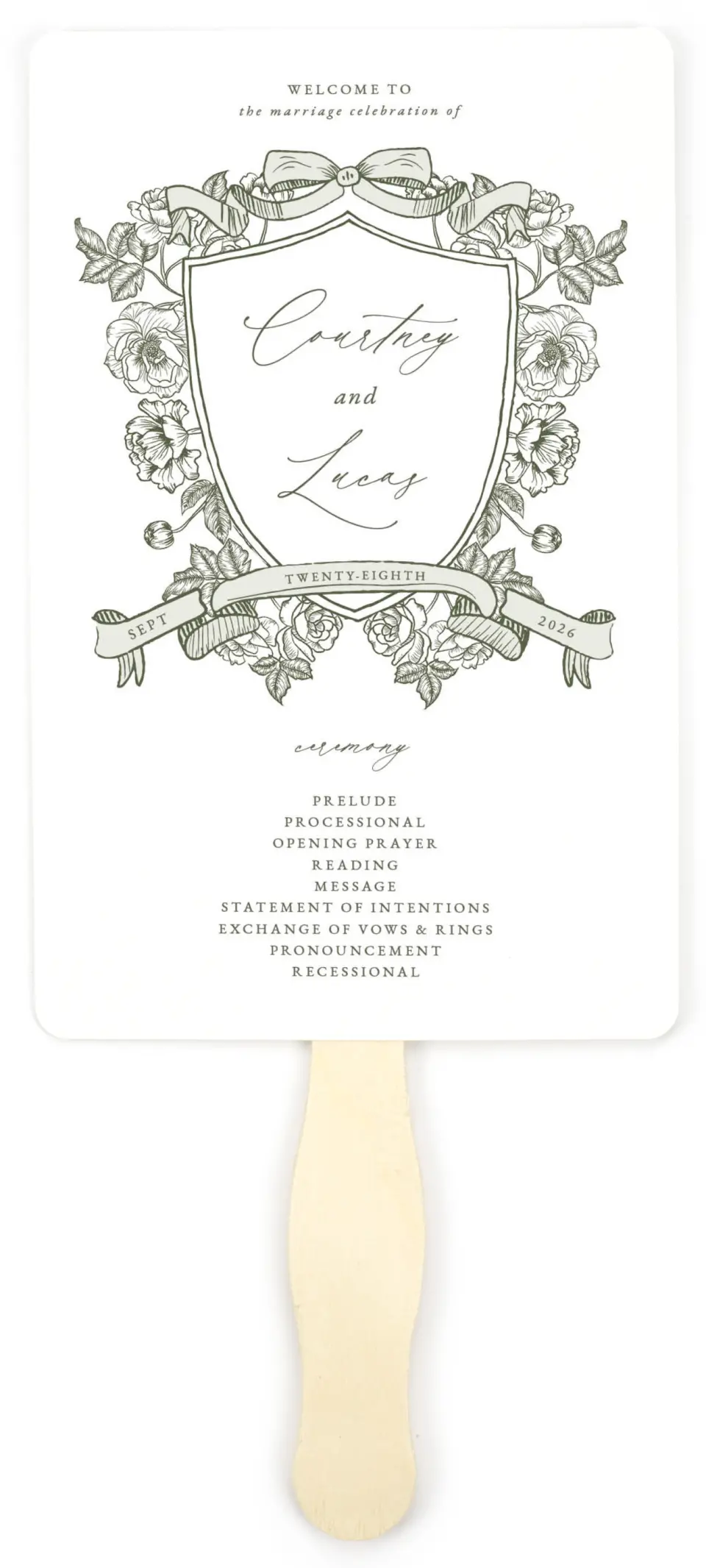 This is a 5" x 7⅞" Wedding Program Fan called Elegant Crest printed in full color on Premium Smooth paper