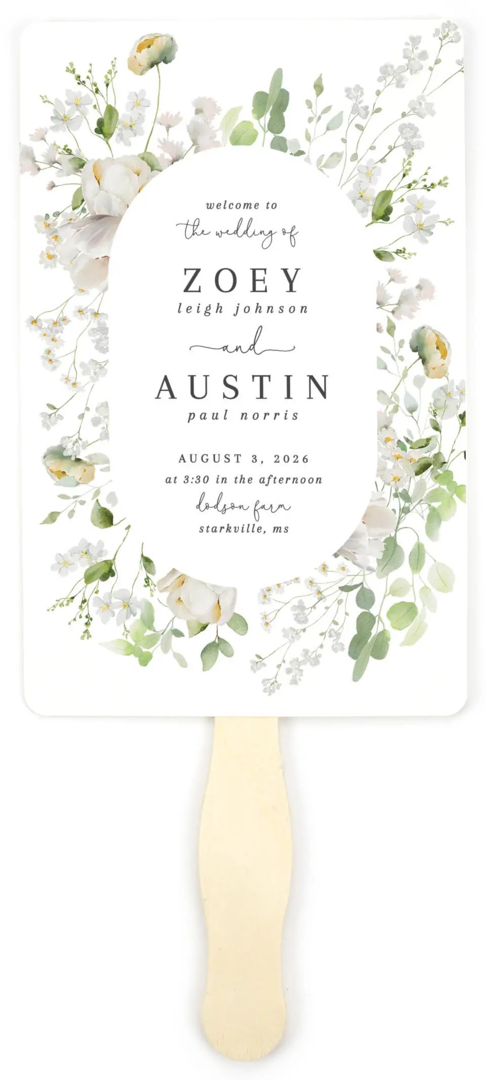 This is a 5" x 7⅞" Wedding Program Fan called The Zoey printed in full color on Premium Smooth paper