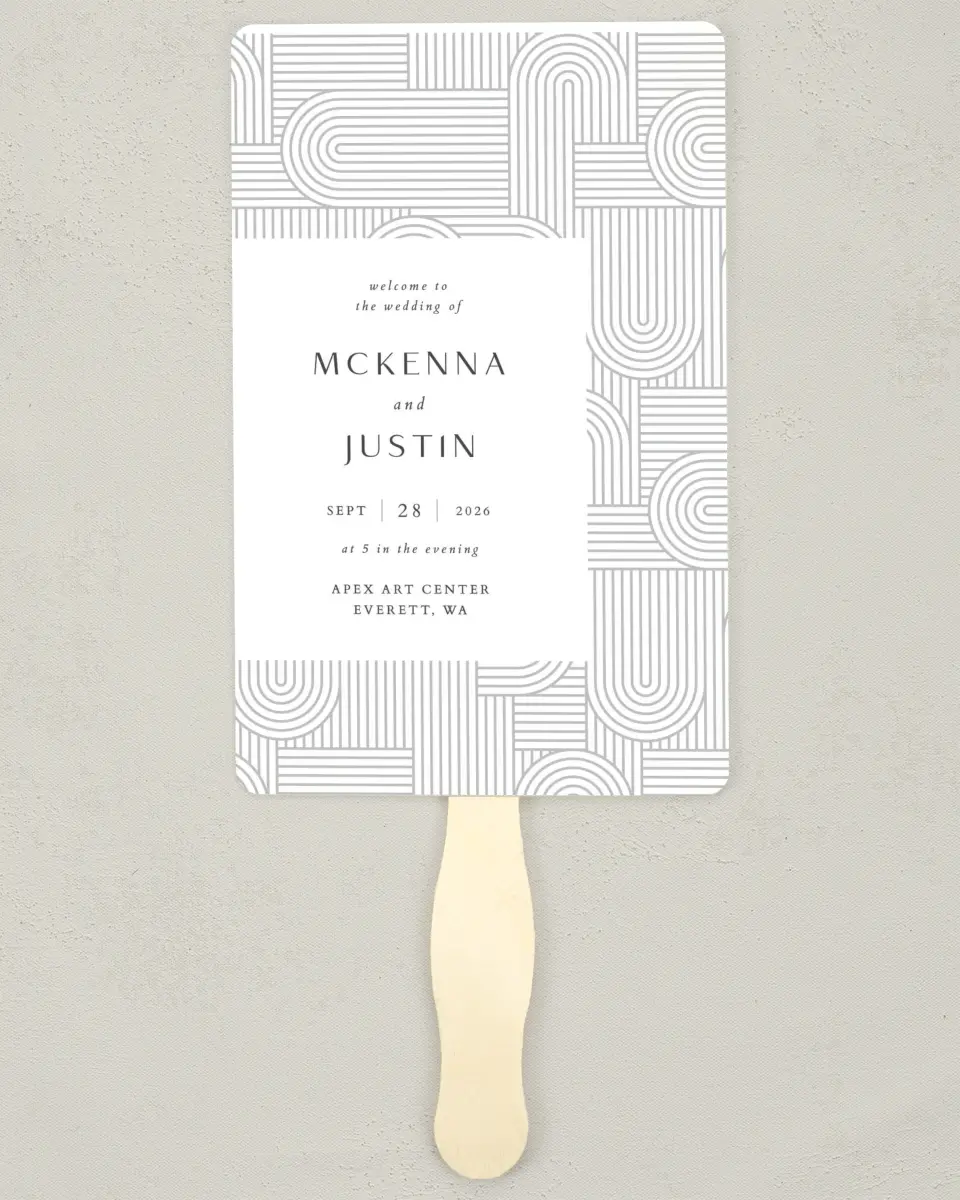 This is a 5" x 7⅞" Wedding Program Fan called Geometric Elegance printed in full color on Premium Smooth paper