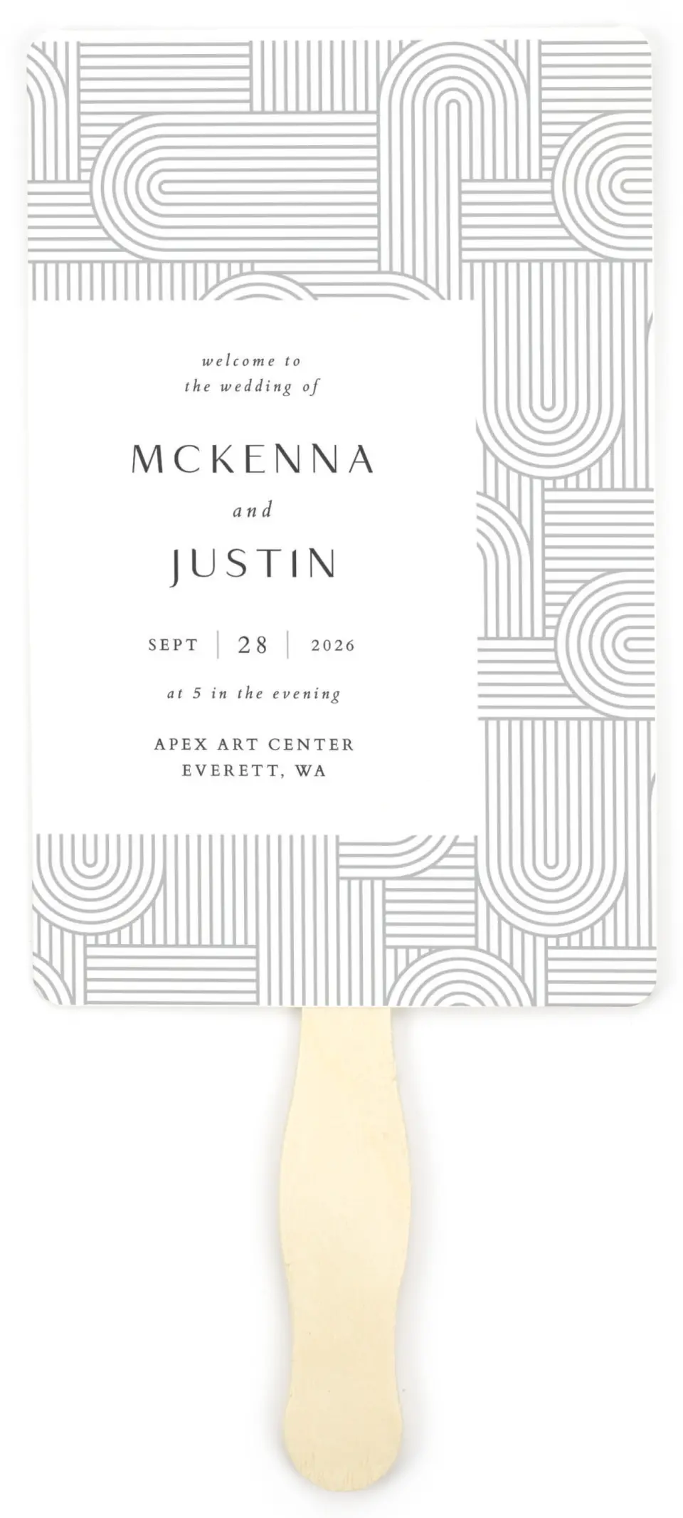 This is a 5" x 7⅞" Wedding Program Fan called Geometric Elegance printed in full color on Premium Smooth paper
