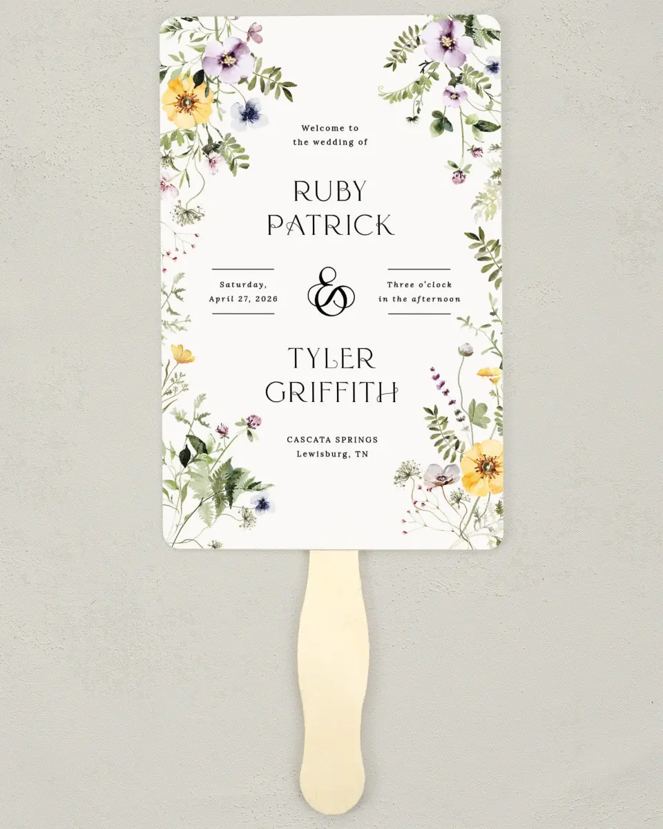 This is a 5" x 7⅞" Wedding Program Fan called The Ruby printed in full color on Premium Smooth paper