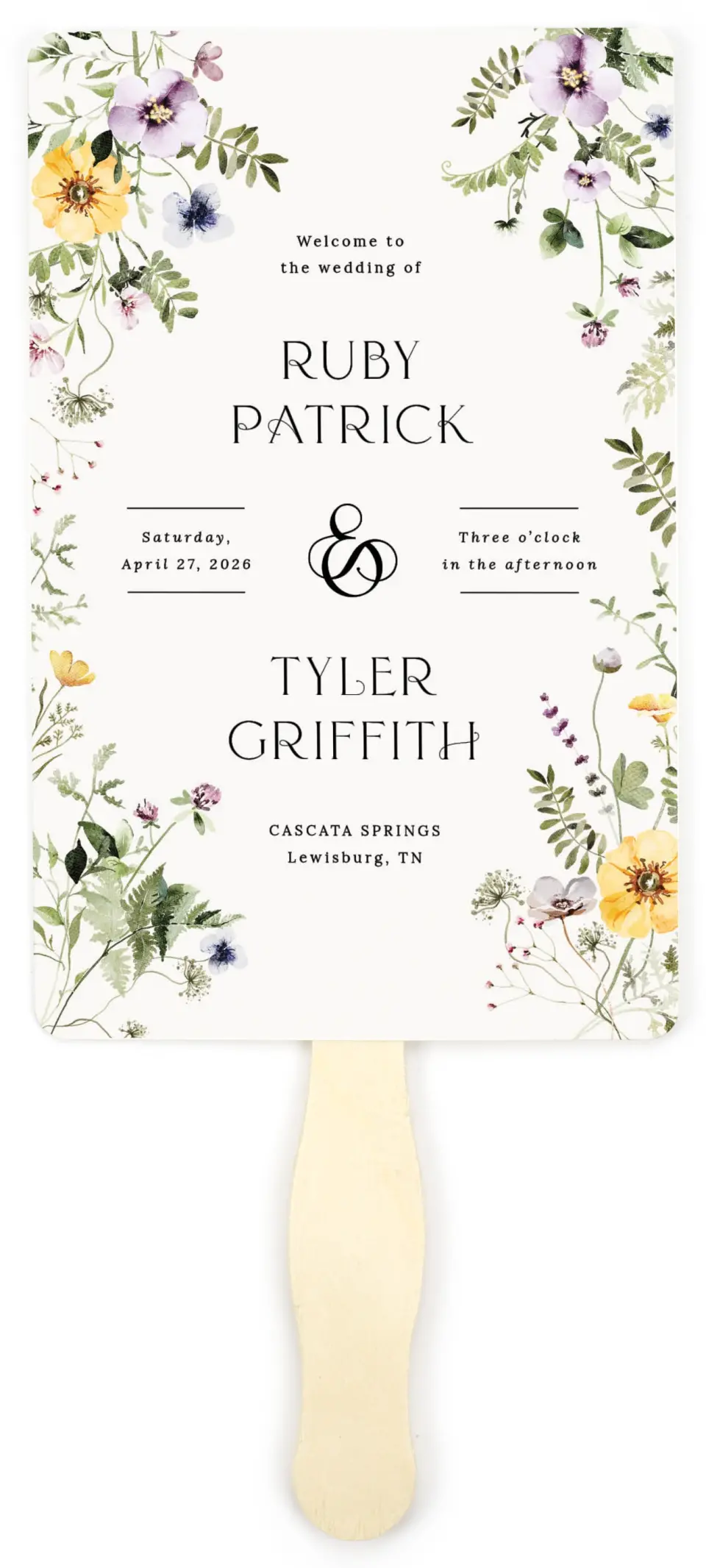 This is a 5" x 7⅞" Wedding Program Fan called The Ruby printed in full color on Premium Smooth paper