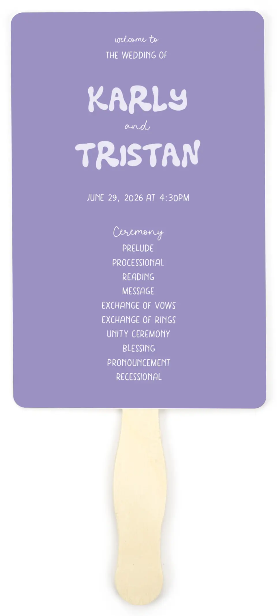 This is a 5" x 7⅞" Wedding Program Fan called The Karly printed in full color on Premium Smooth paper