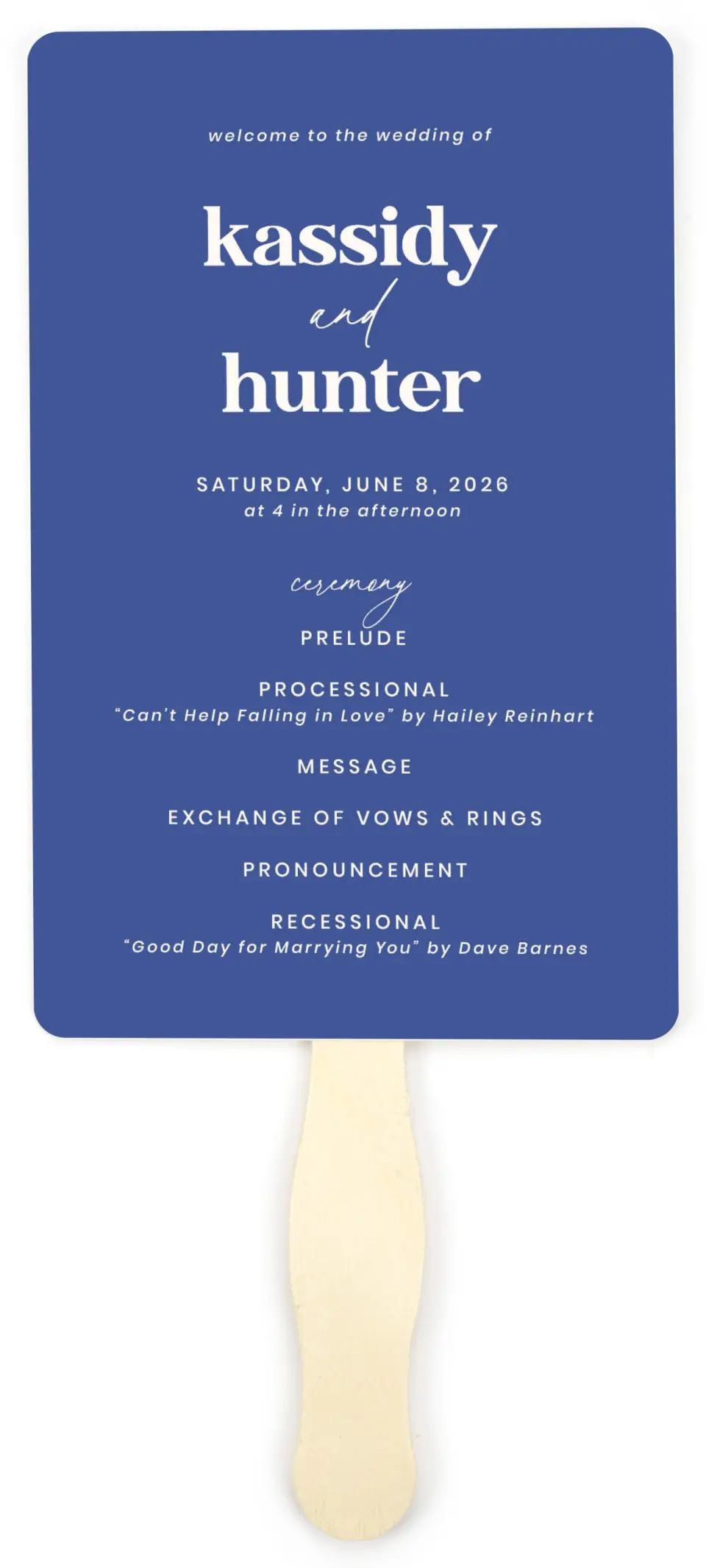 This is a 5" x 7⅞" Wedding Program Fan called The Kassidy printed in full color on Premium Smooth paper