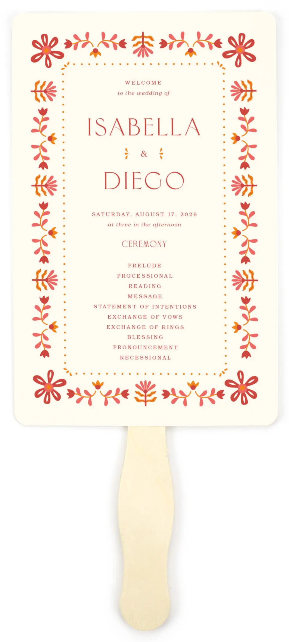 This is a 5" x 7⅞" Wedding Program Fan called Folk Fiesta printed in full color on Premium Smooth paper