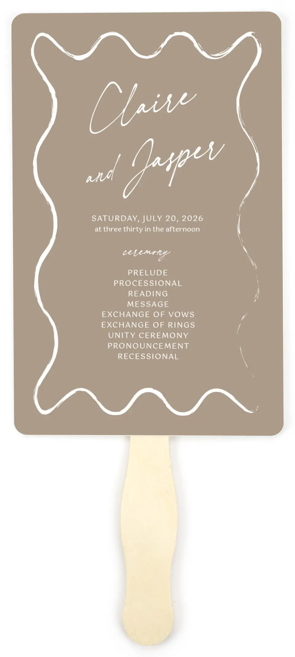 This is a 5" x 7⅞" Wedding Program Fan called Romantic Sketch printed in full color on Premium Smooth paper