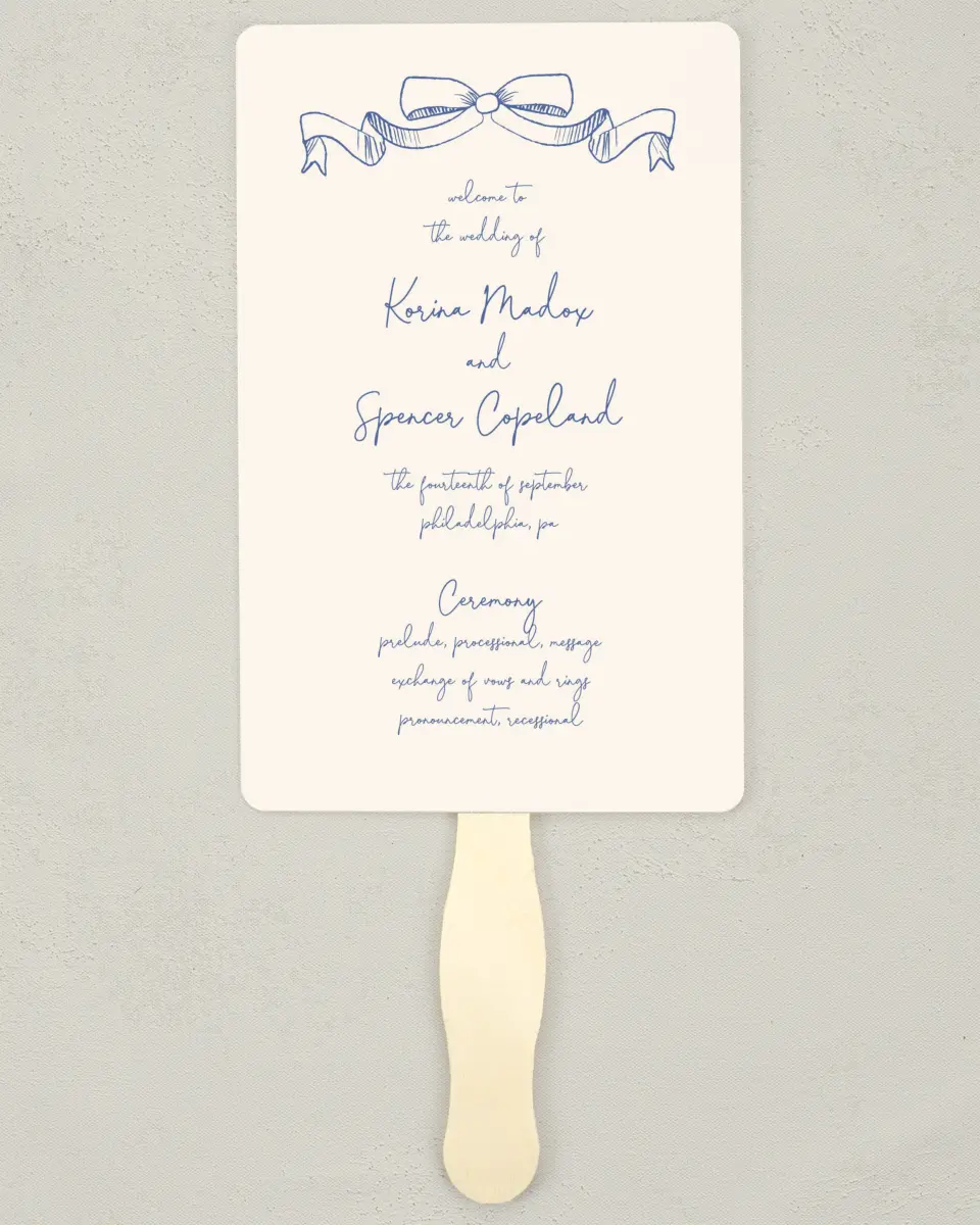 This is a 5" x 7⅞" Wedding Program Fan called Sketched Bow printed in full color with Rose Gold foil on Luxe Satin (coated) paper