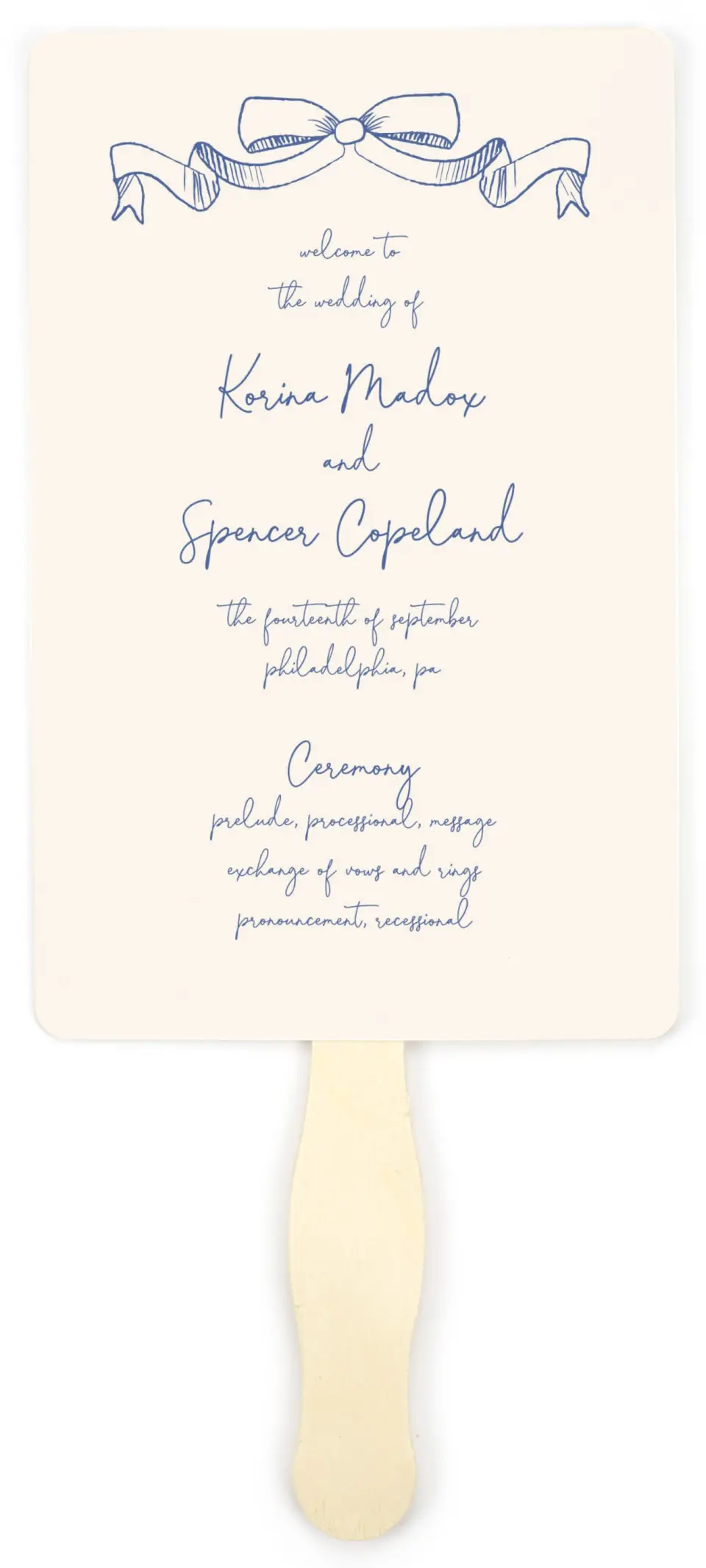 This is a 5" x 7⅞" Wedding Program Fan called Sketched Bow printed in full color on Premium Smooth paper