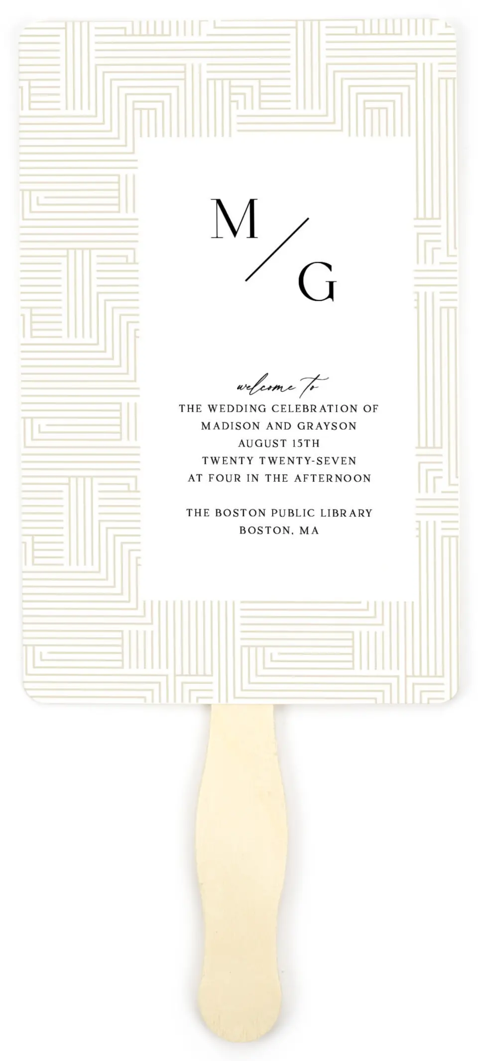 This is a 5" x 7⅞" Wedding Program Fan called Love Maze printed in full color with Gold foil on Premium Smooth paper