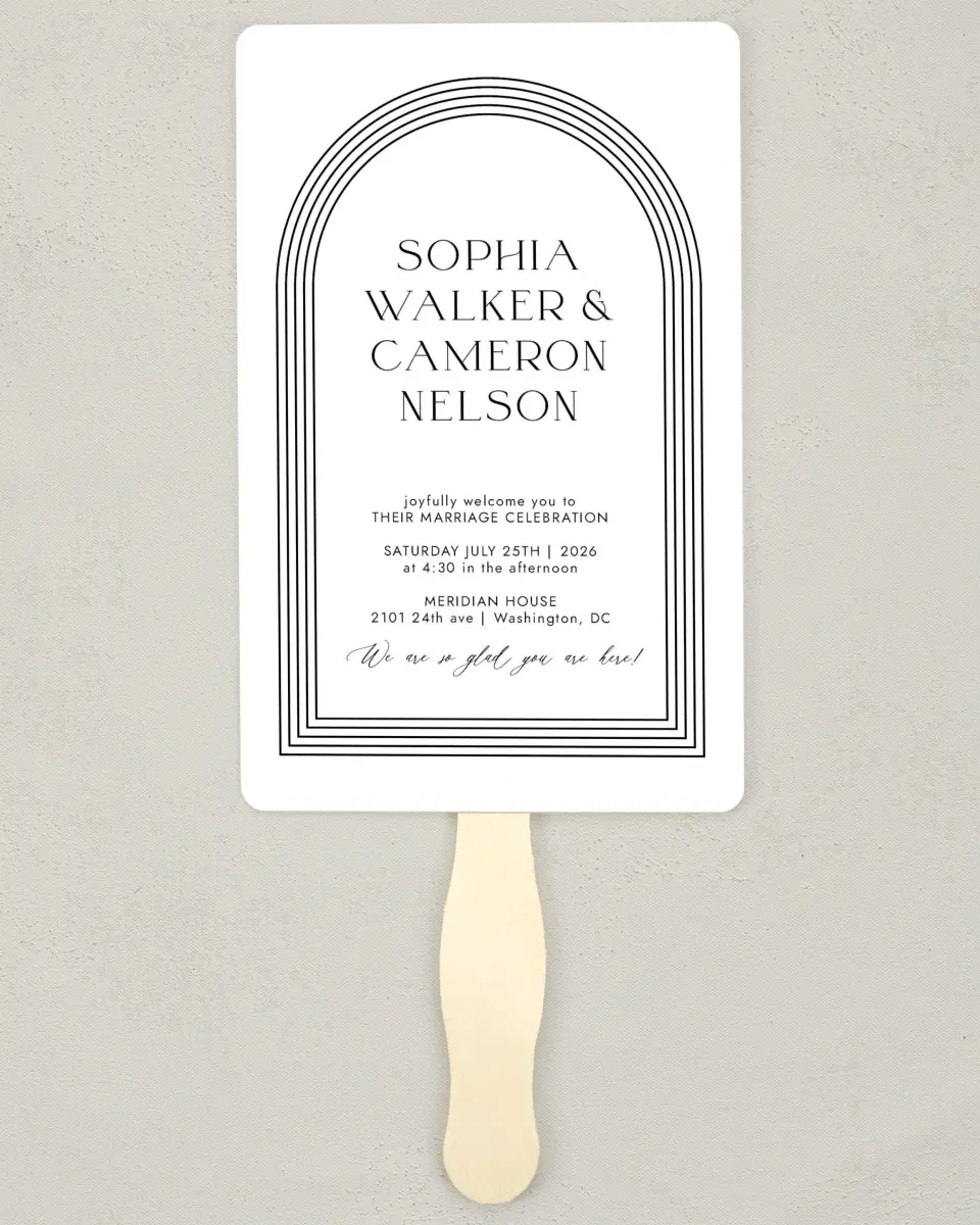 This is a 5" x 7⅞" Wedding Program Fan called Passionate Arch printed in full color with Gold foil on Premium Smooth paper