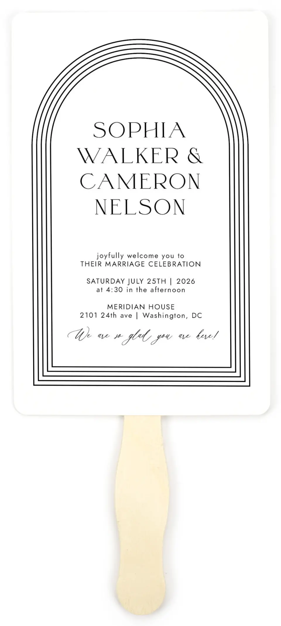 This is a 5" x 7⅞" Wedding Program Fan called Passionate Arch printed in full color with Gold foil on Premium Smooth paper