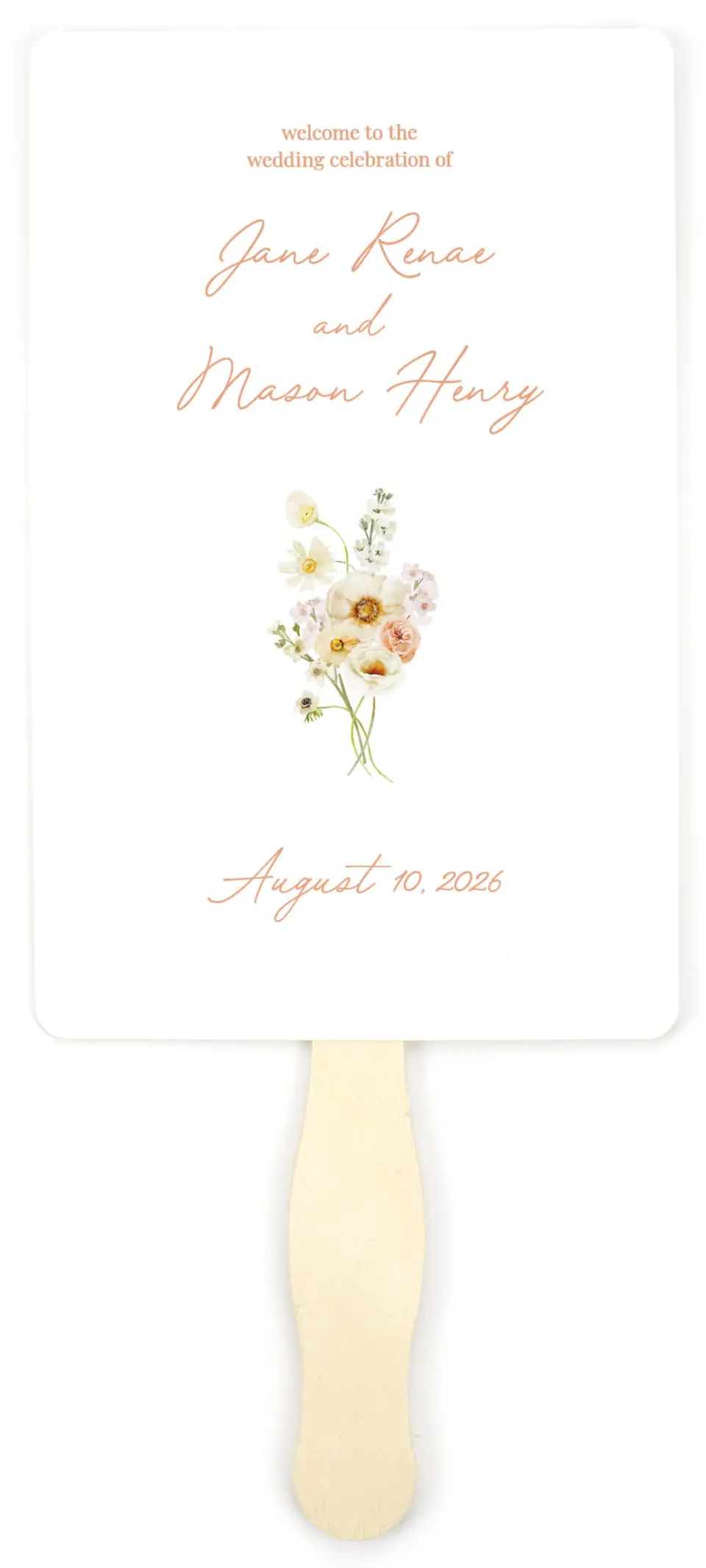 This is a 5" x 7⅞" Wedding Program Fan called Warm Wildflowers printed in full color on Premium Smooth paper