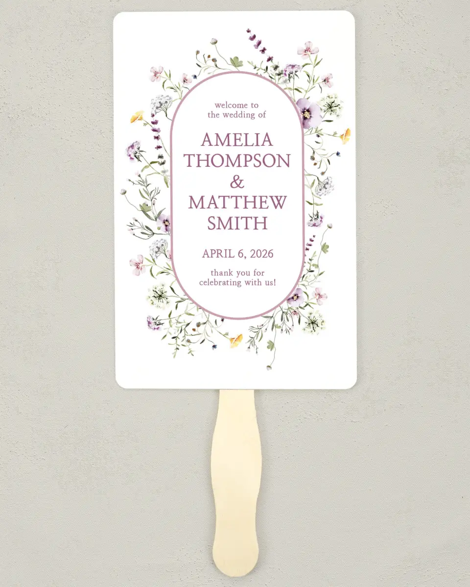 This is a 5" x 7⅞" Wedding Program Fan called Whimsy Fairytale printed in full color on Premium Smooth paper
