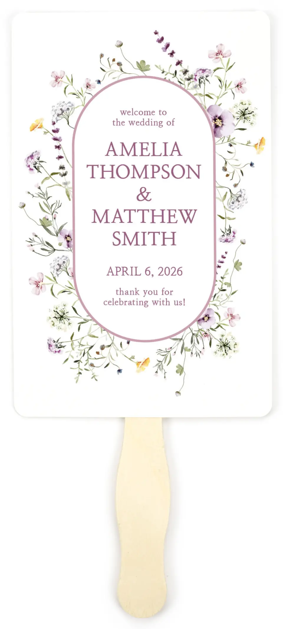 This is a 5" x 7⅞" Wedding Program Fan called Whimsy Fairytale printed in full color on Premium Smooth paper