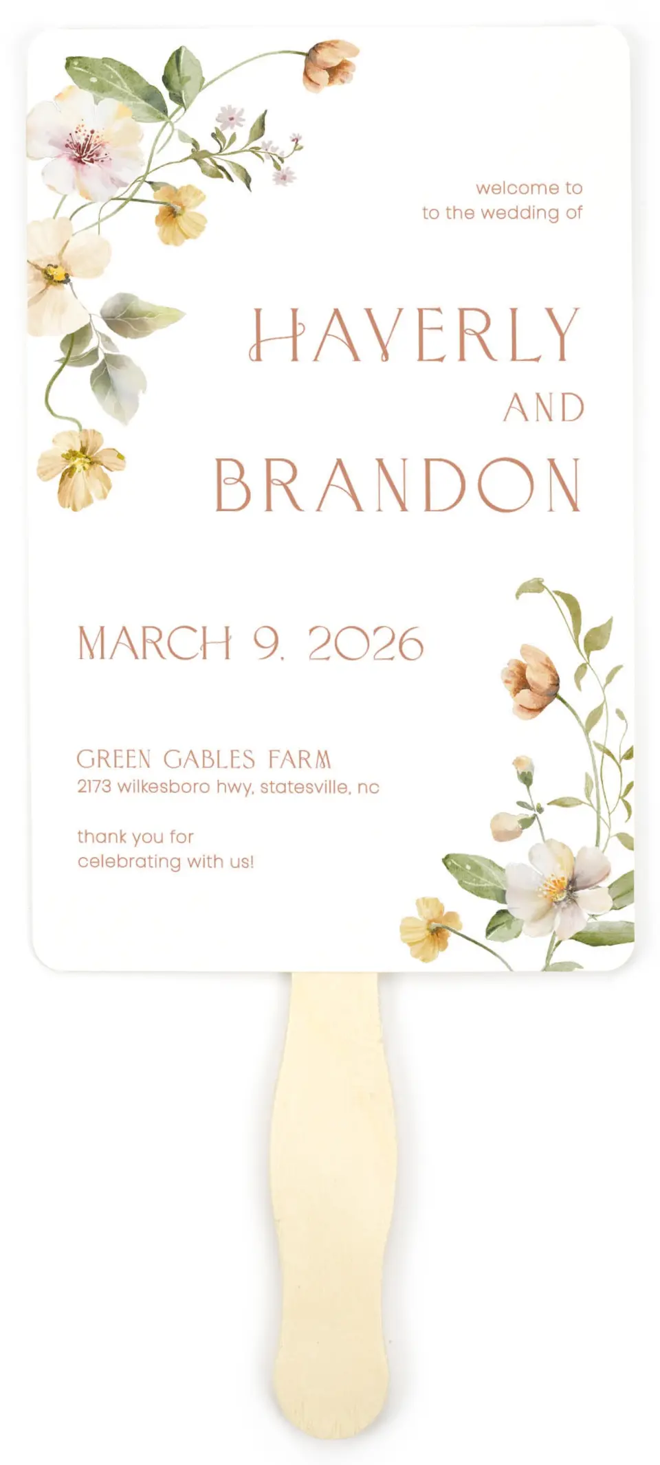 This is a 5" x 7⅞" Wedding Program Fan called Delicate Garden printed in full color on Premium Smooth paper