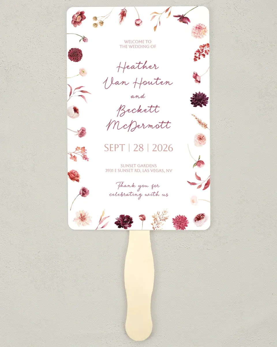 This is a 5" x 7⅞" Wedding Program Fan called Mauvelous printed in full color with Rose Gold foil on Luxe Satin (coated) paper