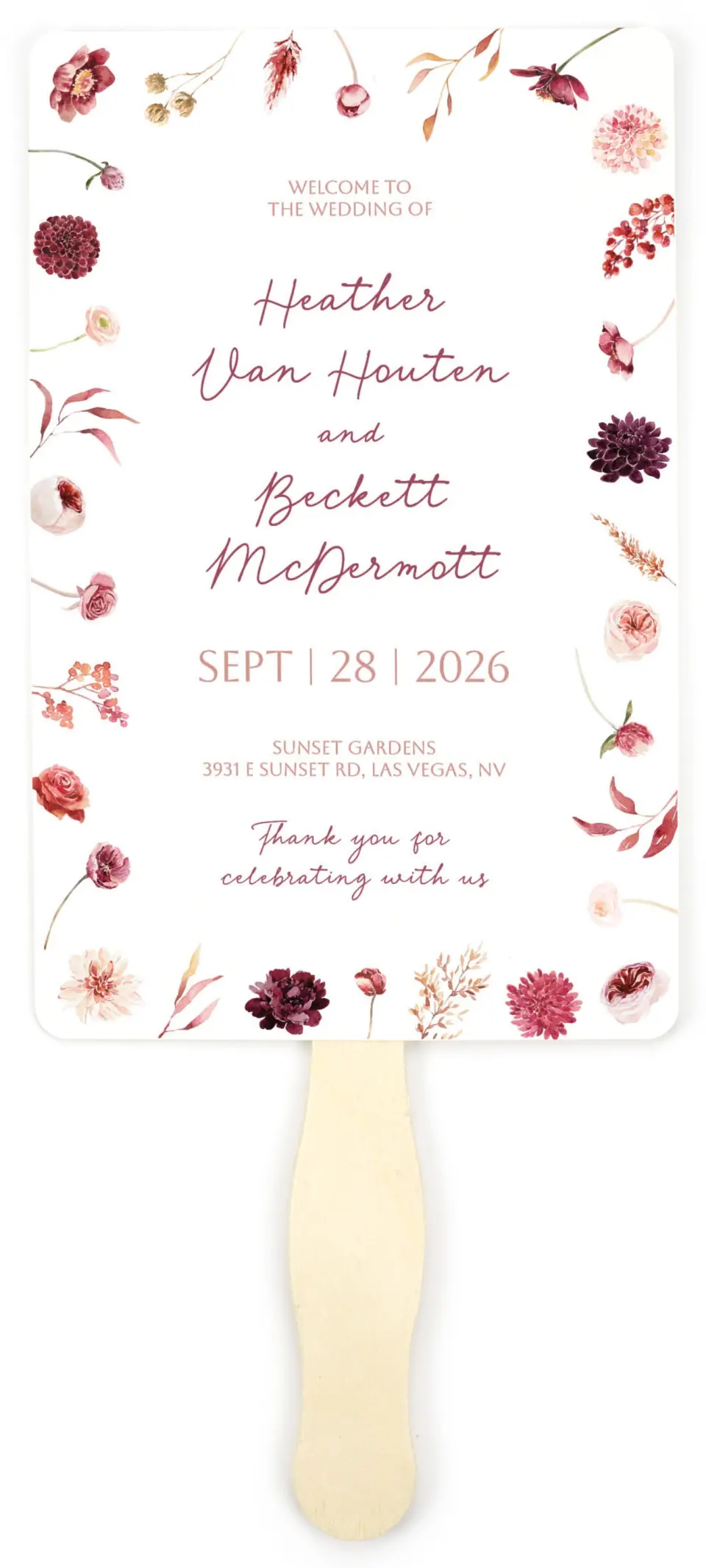 This is a 5" x 7⅞" Wedding Program Fan called Mauvelous printed in full color on Premium Smooth paper