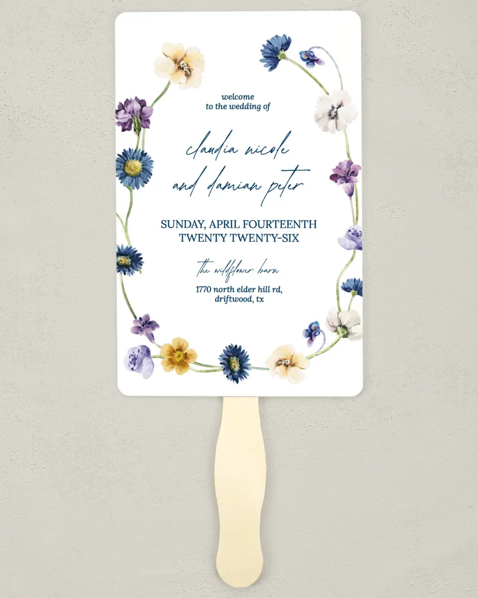 This is a 5" x 7⅞" Wedding Program Fan called Wildest Dream printed in full color with Silver foil on Luxe Satin (coated) paper