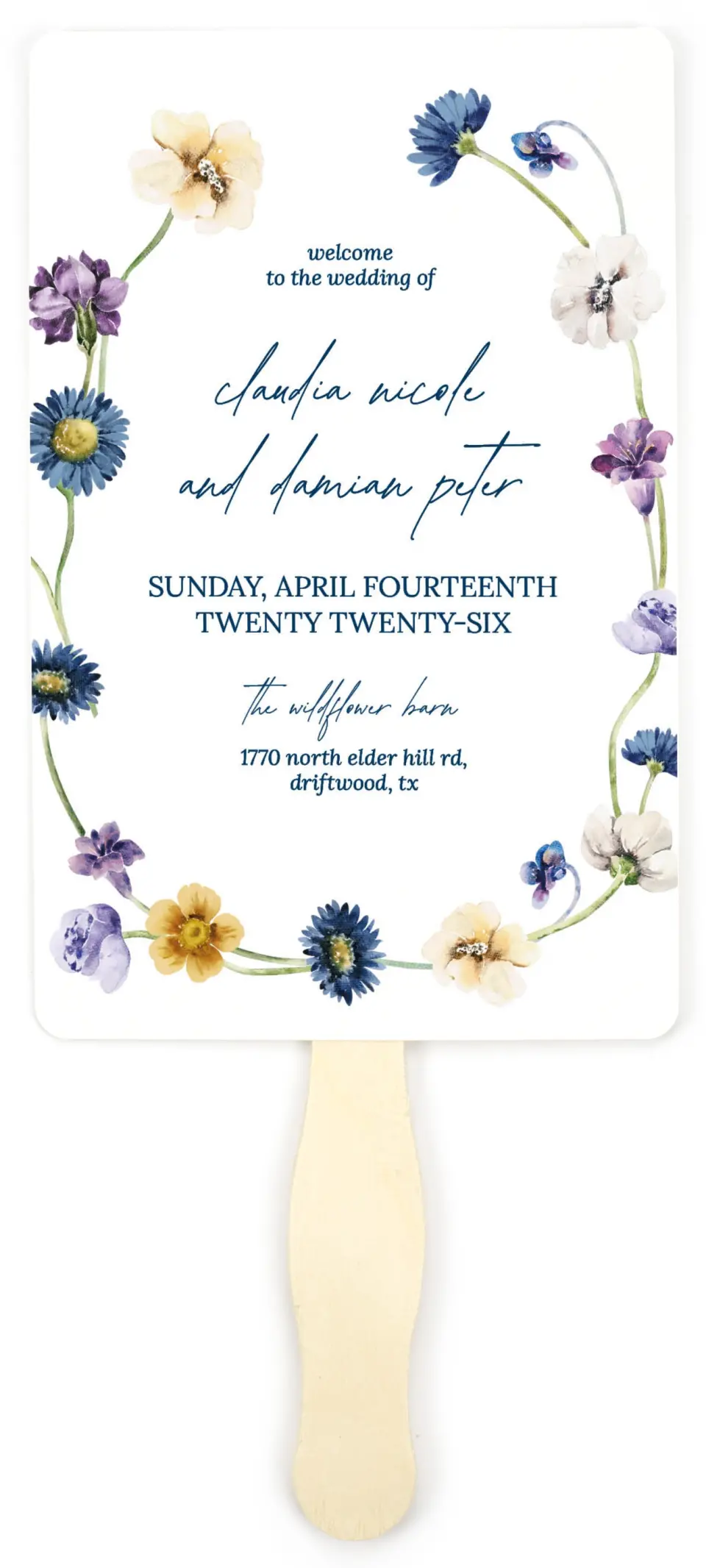 This is a 5" x 7⅞" Wedding Program Fan called Wildest Dream printed in full color on Premium Smooth paper