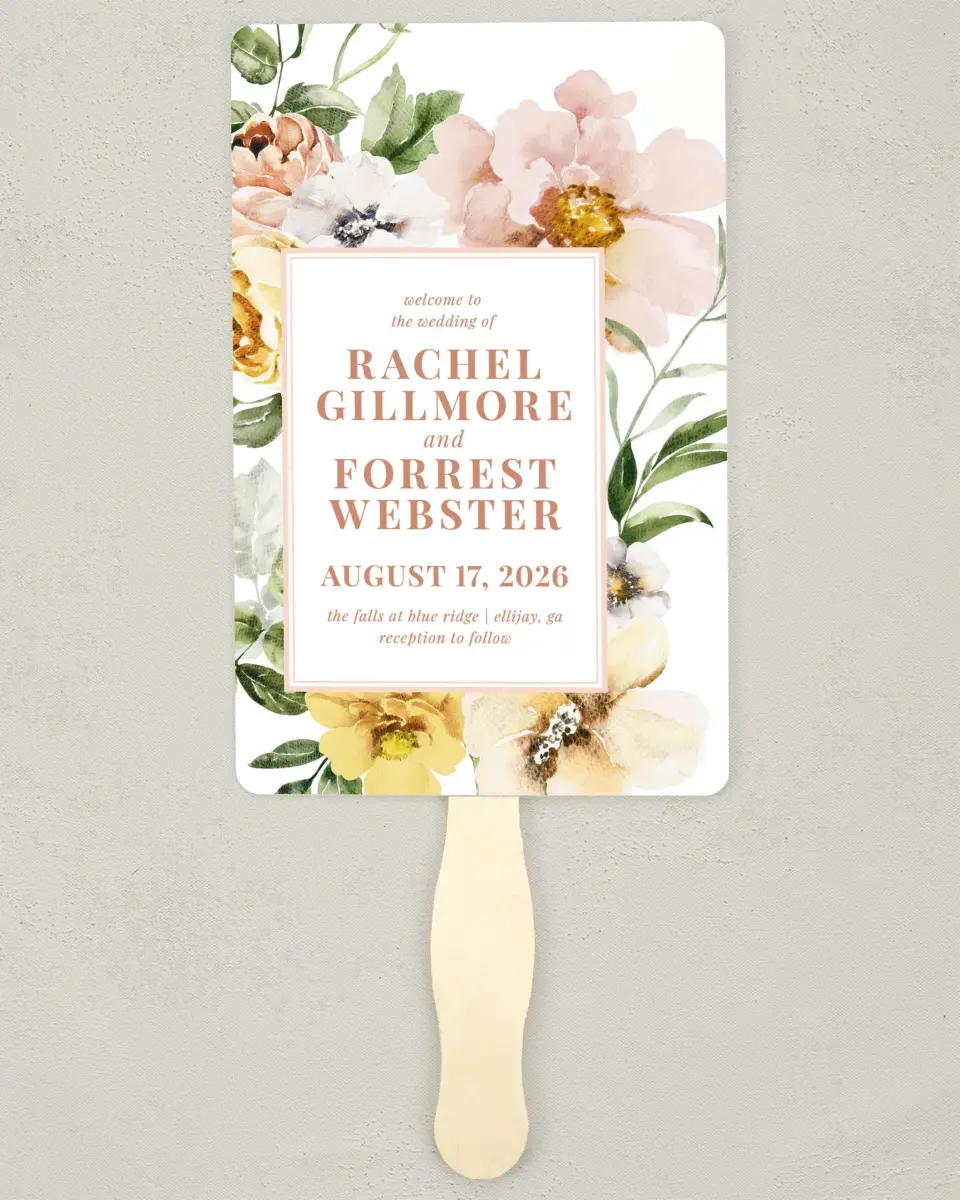 This is a 5" x 7⅞" Wedding Program Fan called Gorgeous Blush printed in full color with Gold foil on Luxe Satin (coated) paper