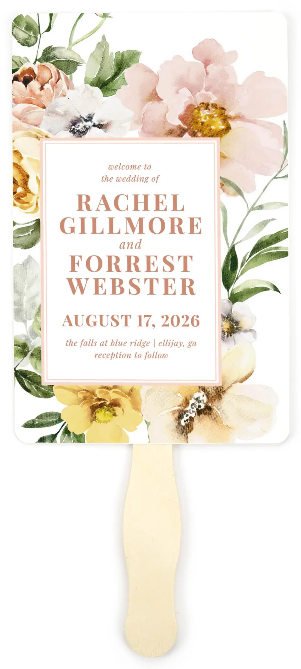 This is a 5" x 7⅞" Wedding Program Fan called Gorgeous Blush printed in full color on Premium Smooth paper