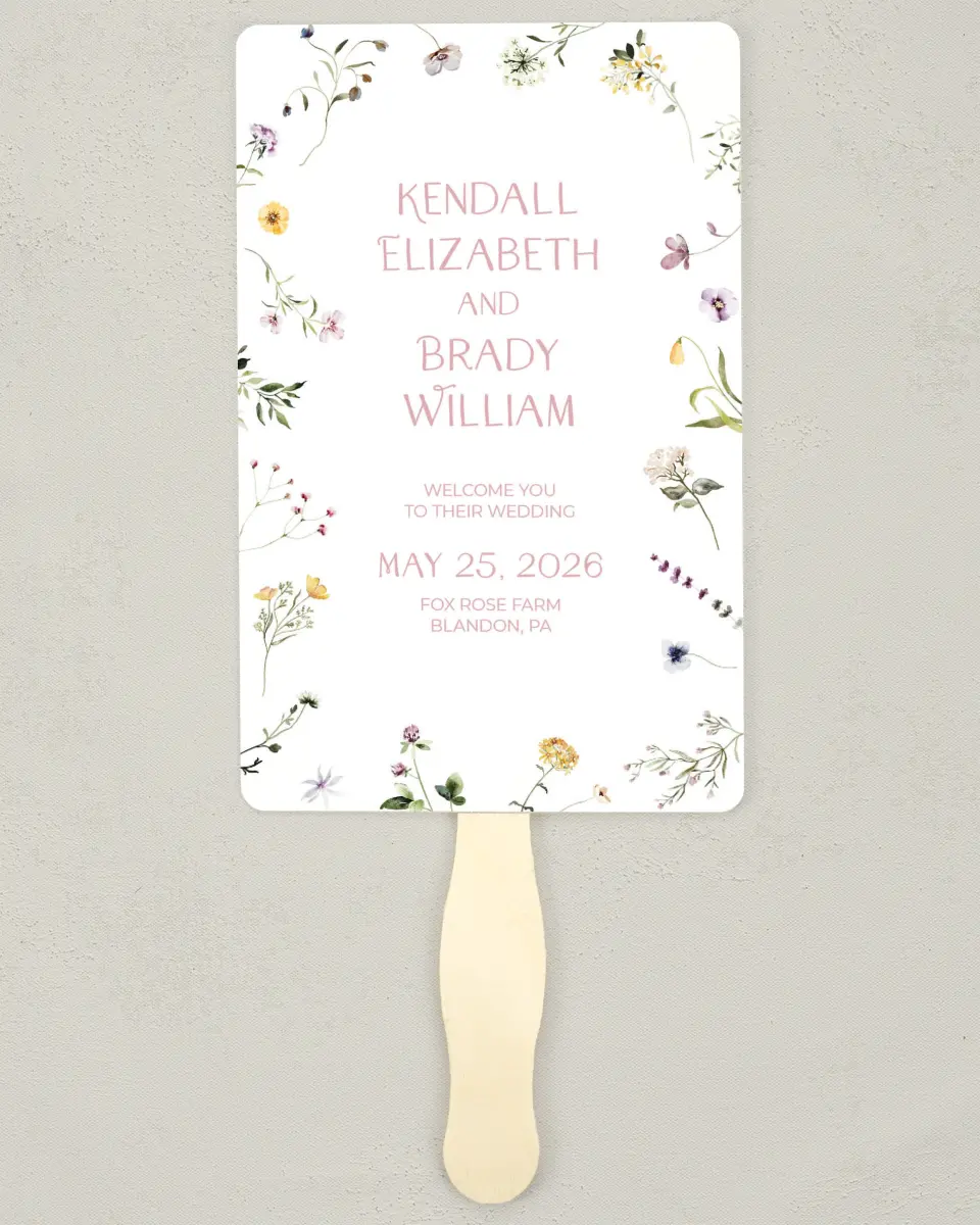 This is a 5" x 7⅞" Wedding Program Fan called Efflorescence printed in full color with Silver foil on Luxe Satin (coated) paper